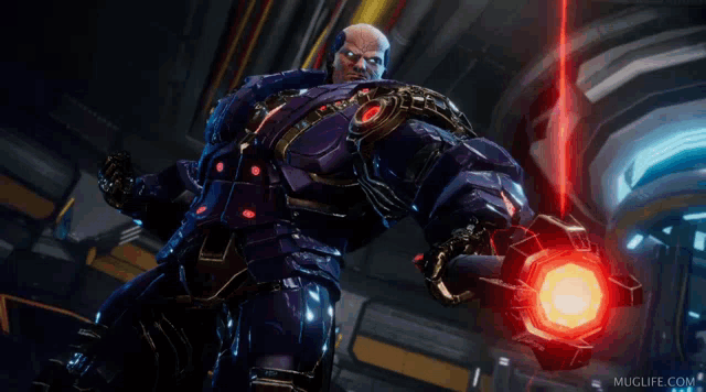 a video game character is holding a red object with the words who are written on it