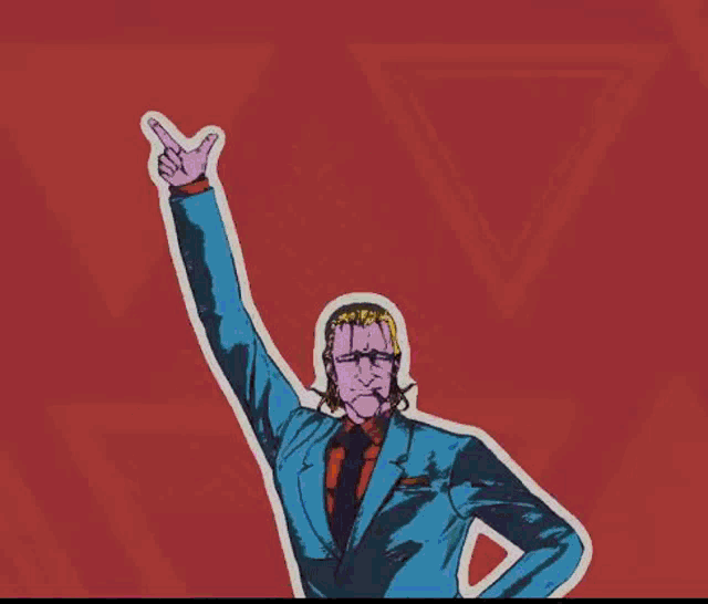a cartoon drawing of a man in a blue suit smoking a cigarette
