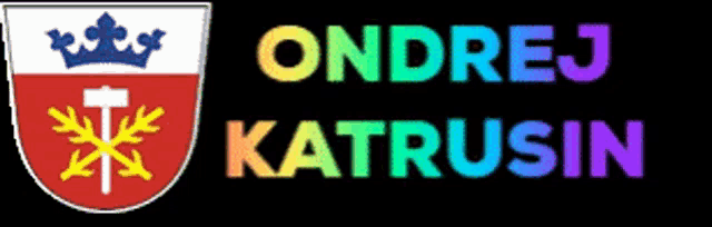 a rainbow colored logo for ondrej katrusin with a coat of arms
