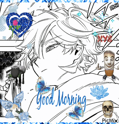 a black and white drawing of a boy with the words good morning written on it