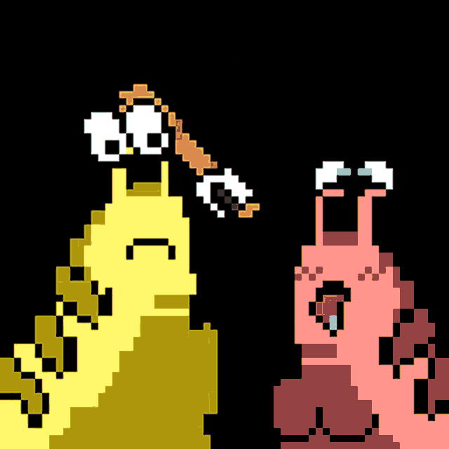 a pixel art drawing of two snails with the words bonk above them