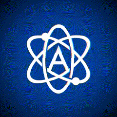 a blue background with a white icon of an atom with the letter a inside of it