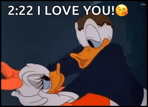 a cartoon of donald duck and daisy duck kissing with the words `` 2:22 i love you '' above them .