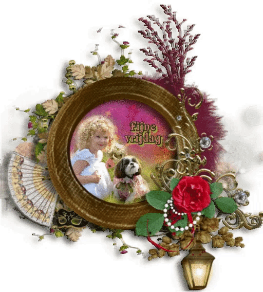 a frame with a picture of a girl and a dog and the words fijne vrijdag on it