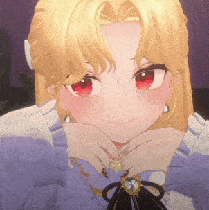 a cartoon girl with blonde hair and red eyes is wearing a purple dress