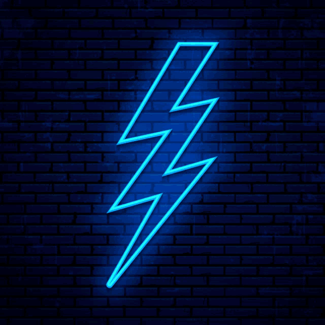 a neon lightning bolt is lit up on a dark blue brick wall