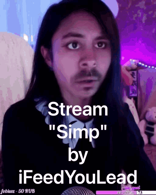a man with long hair and a beard says stream " simp " by ifeed youlead
