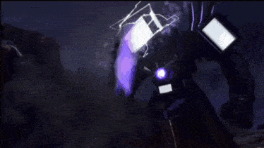 a robot with a purple lightning bolt on its chest