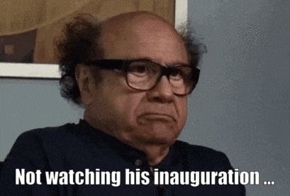 a bald man wearing glasses is making a funny face and saying `` not watching his inauguration '' .