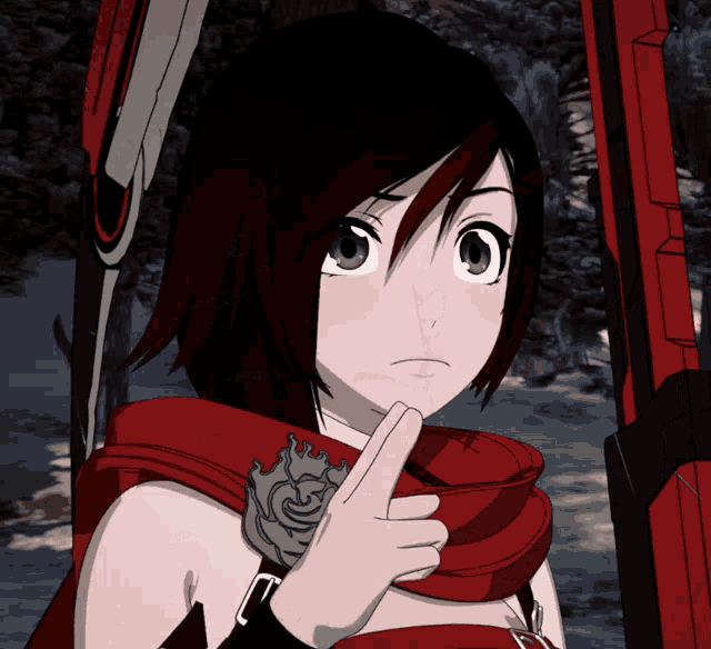 a girl with red hair is holding a sword and pointing up