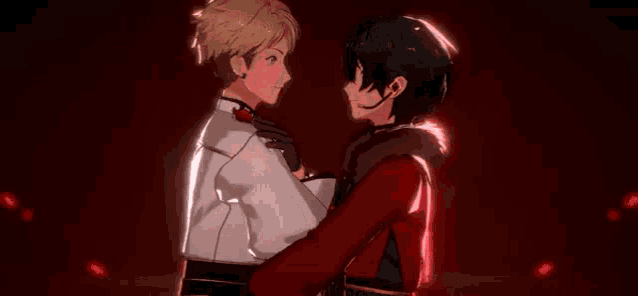 two anime characters are hugging each other in front of a red heart .