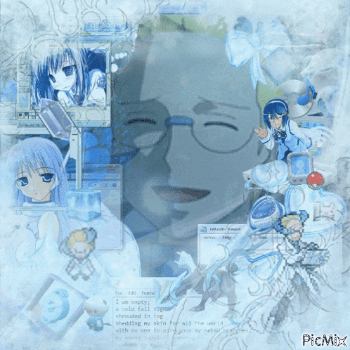 a picture of a man with glasses is surrounded by anime characters and says picmix on the bottom right