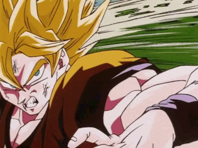 a close up of a cartoon character with a yellow hair and blue eyes