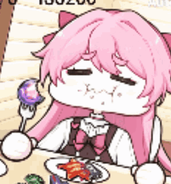 a cartoon girl with pink hair is sitting at a table with a plate of food and a fork in her hand .
