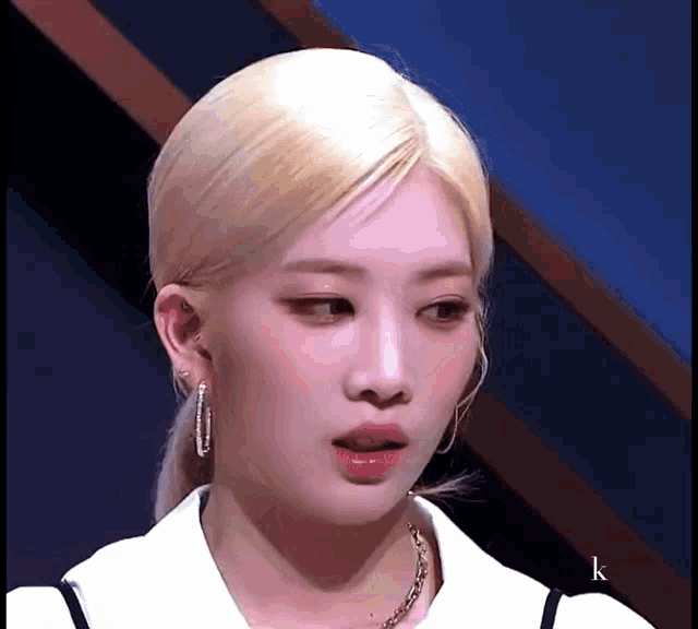 a woman with blonde hair wearing hoop earrings and a necklace