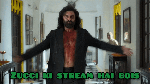 a man without a shirt is in a hallway with the words zucci ki stream hai bois