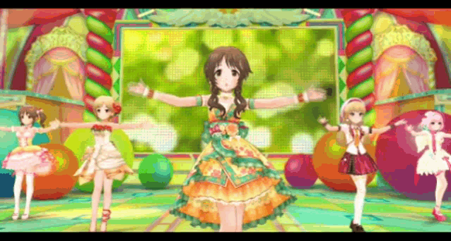 a group of anime characters are dancing on a stage .
