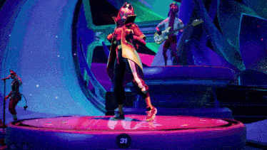 a video game character is on a stage with the number 31 on it