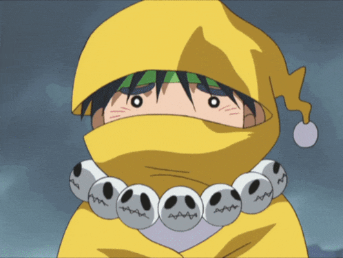 a cartoon character is wearing a yellow hood and a necklace of skulls