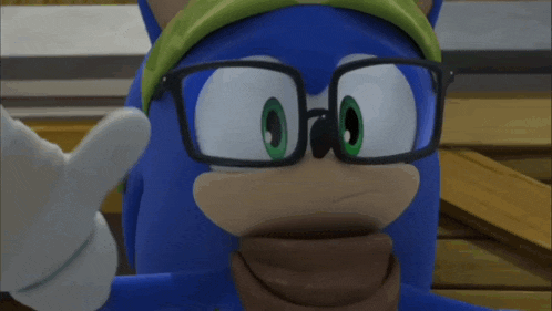 a blue cartoon character wearing glasses and a green hat