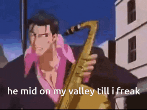 a man in a pink shirt is playing a saxophone with the words he mid on my valley till i freak below him