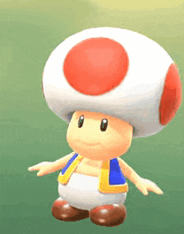 a cartoon toad with a red circle on his hat is standing on a green surface .