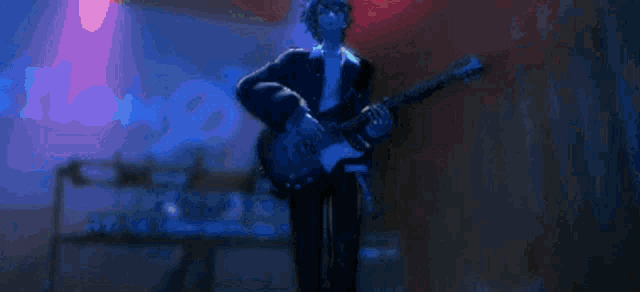 a pixel art of a man playing a guitar in front of a sign that says " osflow "