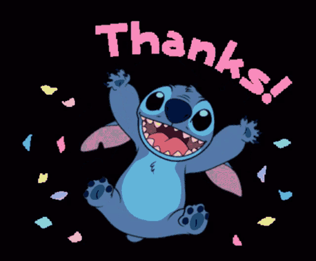 stitch is surrounded by colorful confetti and the words thanks