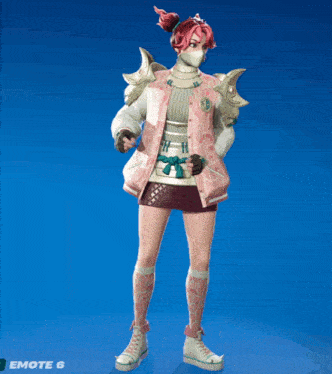 a girl wearing a mask and a pink jacket stands in front of a blue background