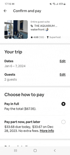a screenshot of a confirm and pay page for an entire guest suite at the aquarium waterfront