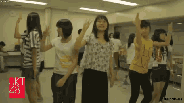 a group of girls are dancing in front of a sign that says ukt 48