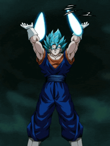 a drawing of a person with blue hair holding a lightning bolt