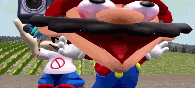 a cartoon character with a mustache is holding a camera while another cartoon character looks on