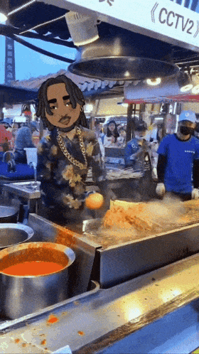 a cartoon character is cooking in front of a cctv2 sign