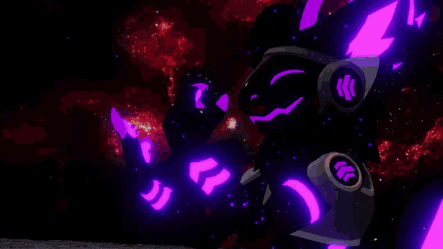 a robot with a purple glowing arrow on its chest