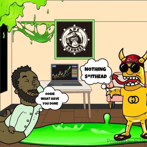 a cartoon of a man laying in a pool of green slime with an ape express logo on the wall behind him