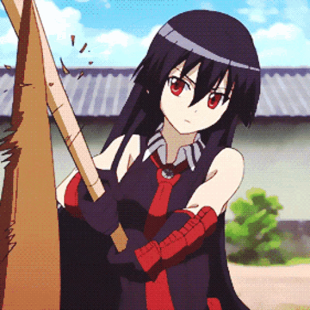 a girl with long black hair and red eyes is holding a large stick