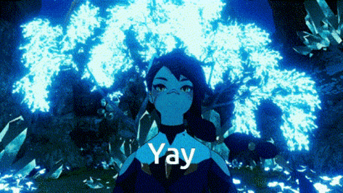 a cartoon girl is standing in front of a tree with the words yay written on it
