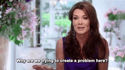 a woman is sitting in front of a vase of flowers and asking why are we trying to create a problem here ?