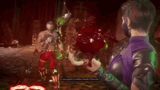a man and a woman are standing next to each other in a video game and the man is wearing a mask .