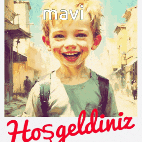 a boy with a backpack is smiling in front of a sign that says " hoşgeldiniz "
