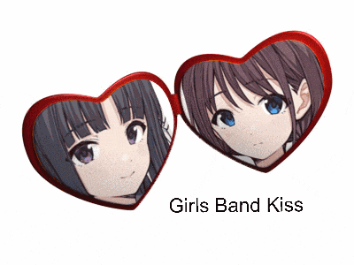 a heart shaped mirror with two anime girls on it and the words girls band kiss underneath