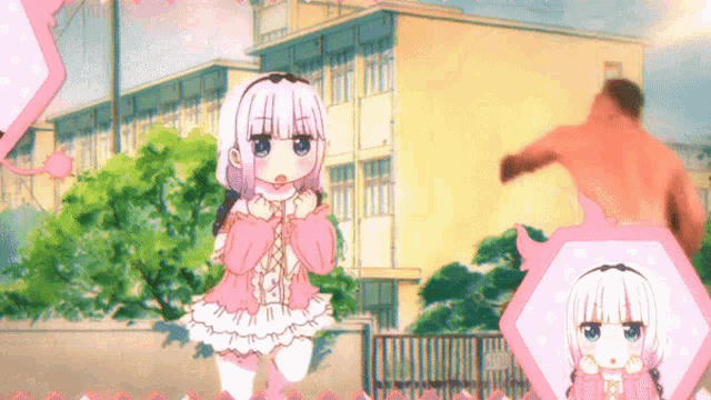 a girl in a pink dress is standing in front of a large building