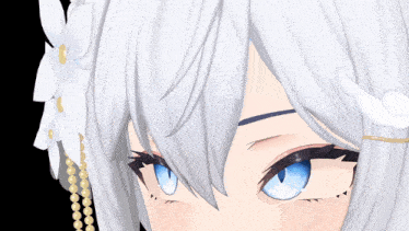 a close up of a girl 's face with a flower in her hair