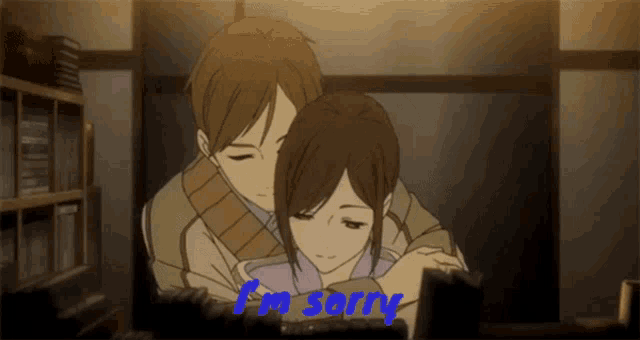 a man and a woman are hugging with the words i 'm sorry written below them