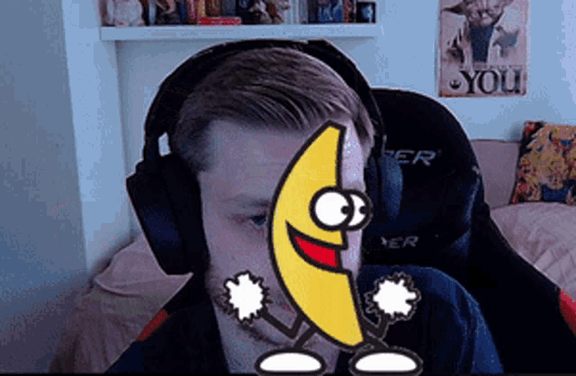 a man wearing headphones with a cartoon banana behind his face