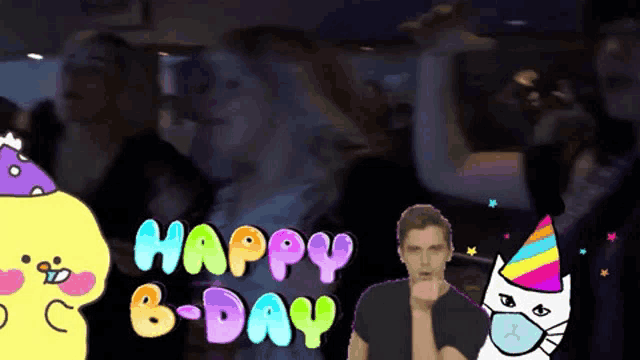 a man wearing a face mask and a party hat says happy b-day