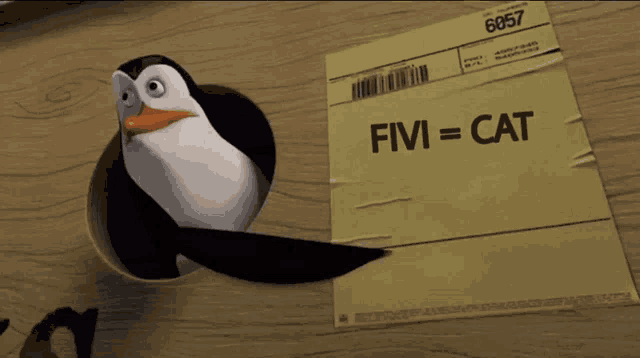 a penguin is sticking its head out of a hole in a piece of paper that says fivi = cat
