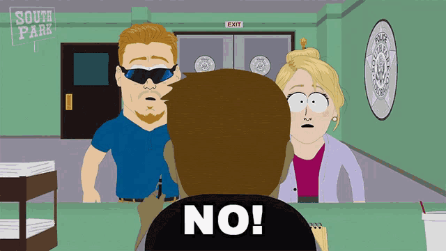 a cartoon scene from south park shows a man and a woman standing in front of an exit sign