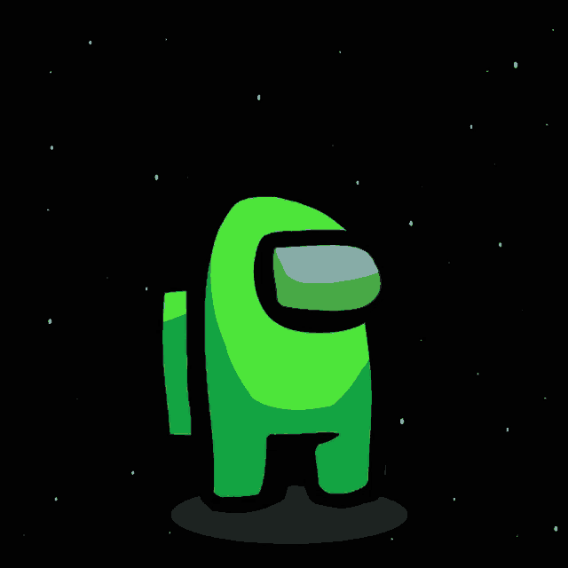 a green among us character is standing in a black space